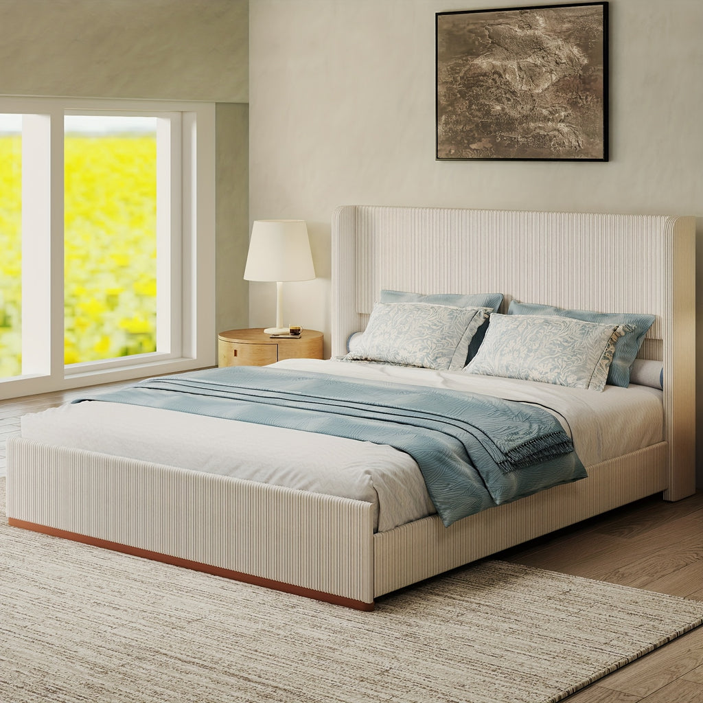 Queen/King Size Upholstered Platform Bed Frame with Vertical Channel Tufted Wingback Headboard, Soft Corduroy Bed with Solid Steel Slats, No Box Spring Needed, Noise Free, Easy Assembly, Modern White