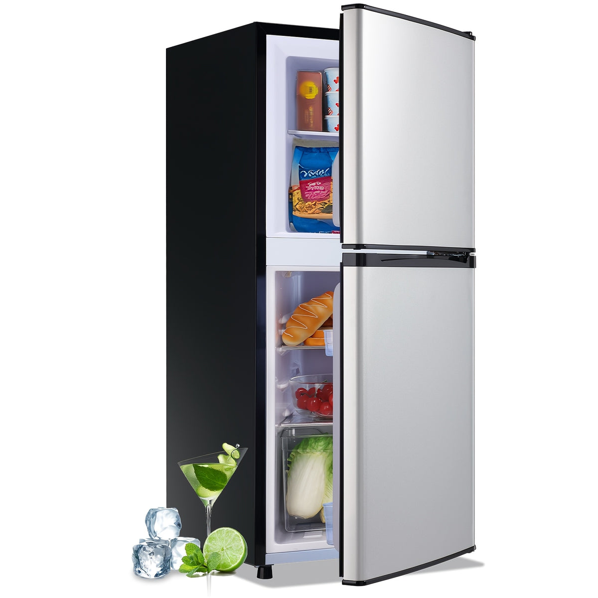 WANAI Double Door Small Refrigerator with Freezer, 3.5/4.5/5.0 Cu.Ft Small Fridge with 7 Level Adjustable Thermostat & Removable Shelves, Mini Refrigerator for Kitchen Apartment And Office, Silvery