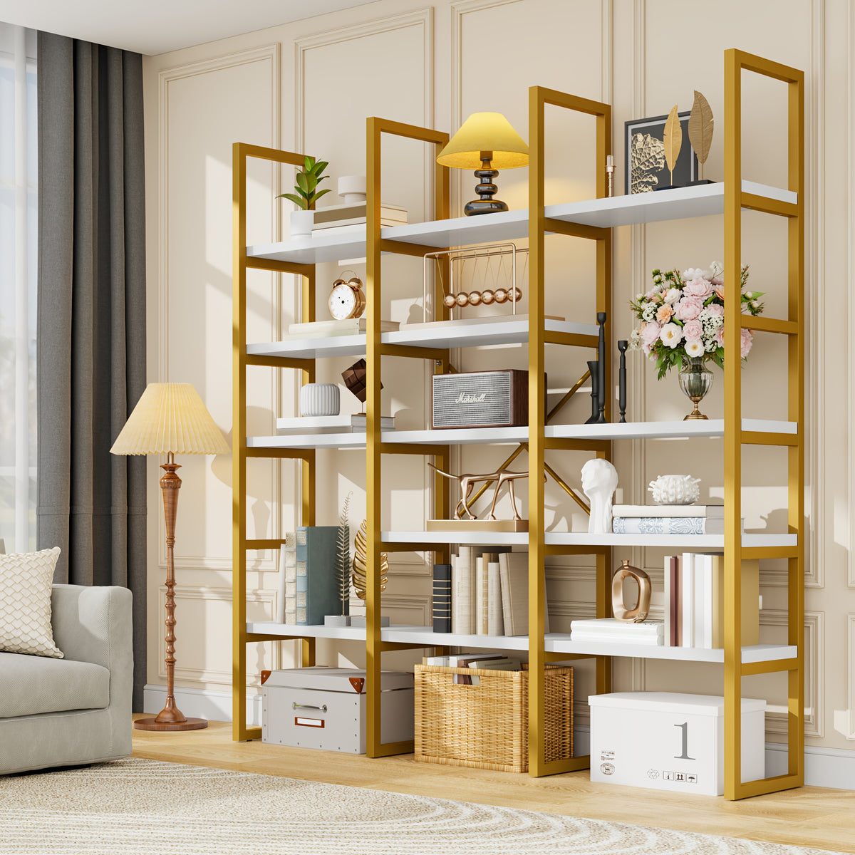 Industrial Bookcase, 71-Inch 5-Tier Triple-Wide Geometric Display Shelf for Home or Office