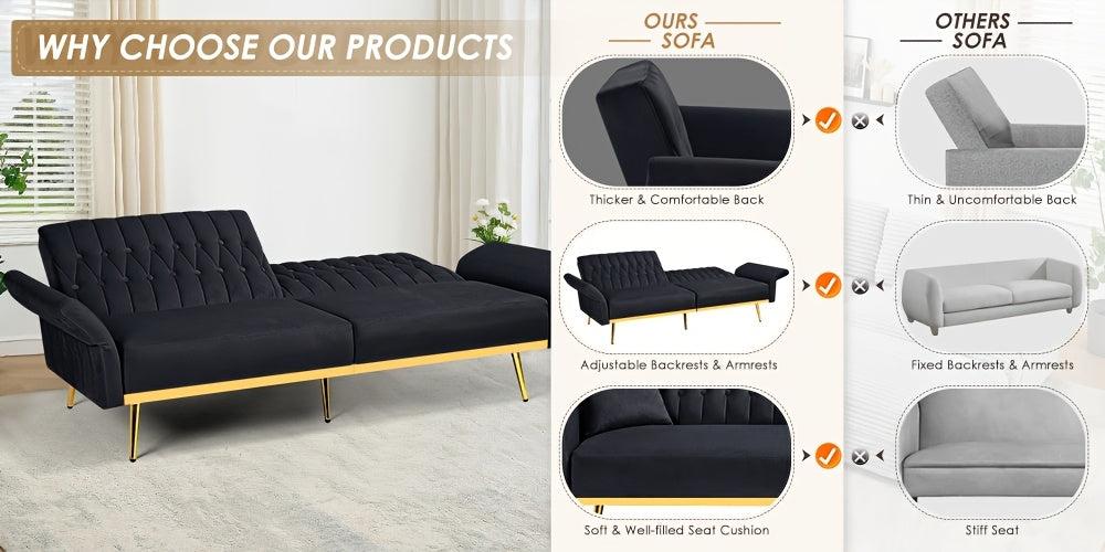 ACMEASE 70-Inch Velvet Convertible Sofa Bed with 2 Pillows, Adjustable Backrest And Armrest Tufted Sleeper Sofa with Golden Metal Legs for Living Room