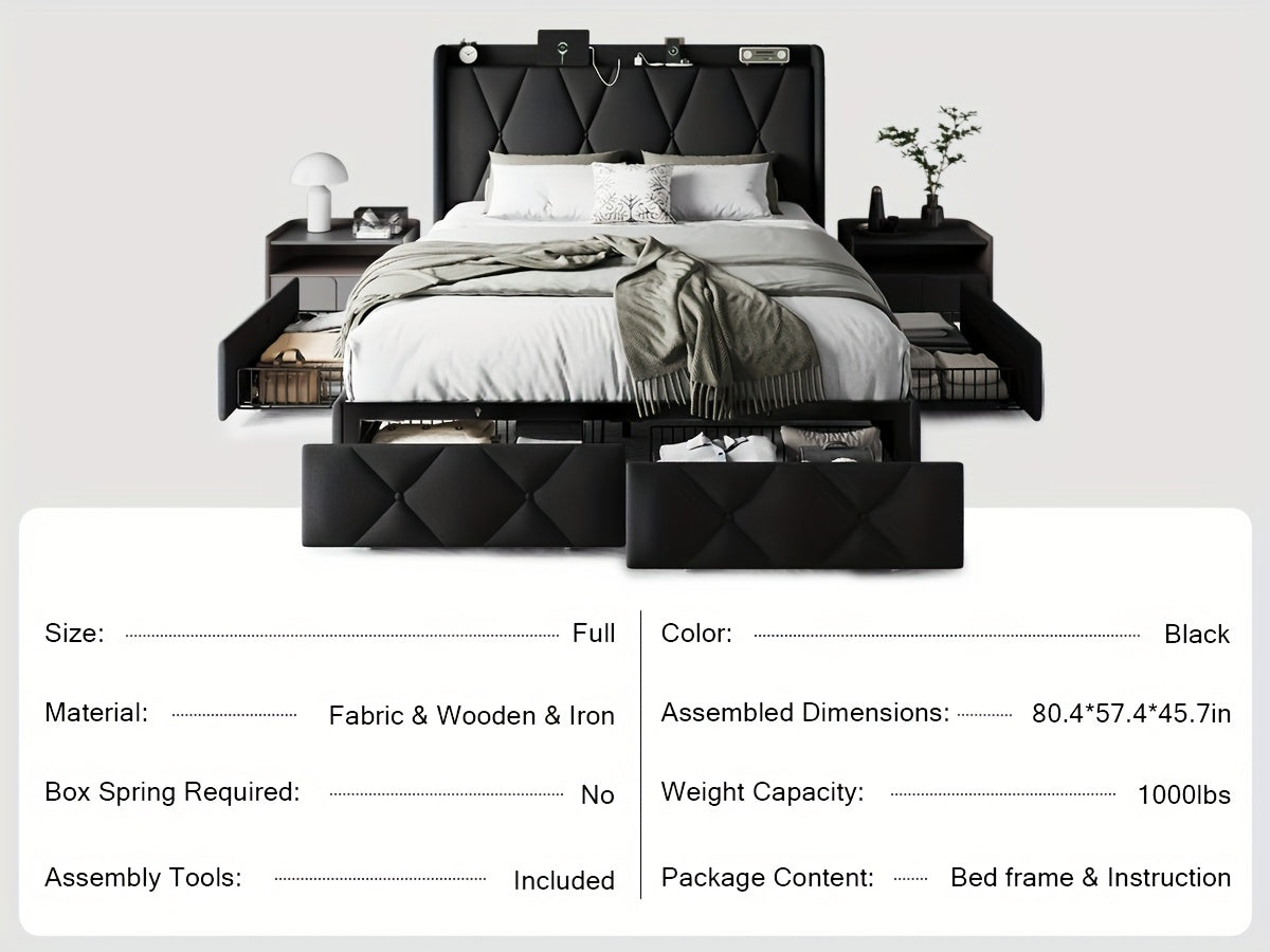 Halence 4 Drawers Storage Bed Frame With Wingback Headboard, Headboard With Built-in Charging Design, Metal And Hardwood Support, Easy Assembly, Suitable For Master Bedroom, Bed Frame Without Mattress