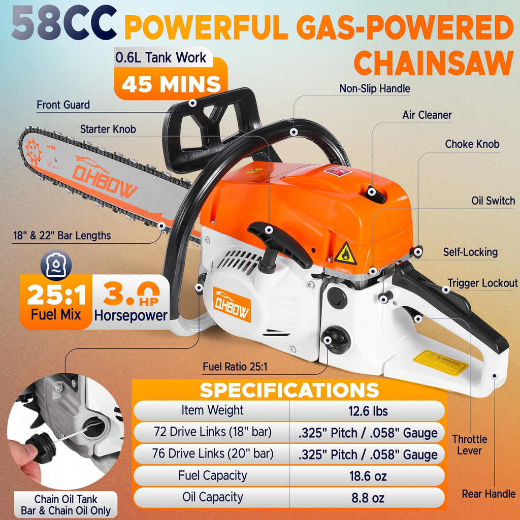 58Cc 2-Stroke Gasoline Chainsaw, Featuring Dual Quick-Switch Bars of 20 Inches And 18 Inches, a Portable Cordless Gasoline Chain Saw Ideal for Felling Trees, Cutting Firewood, Processing Wood, And Trimming Trees