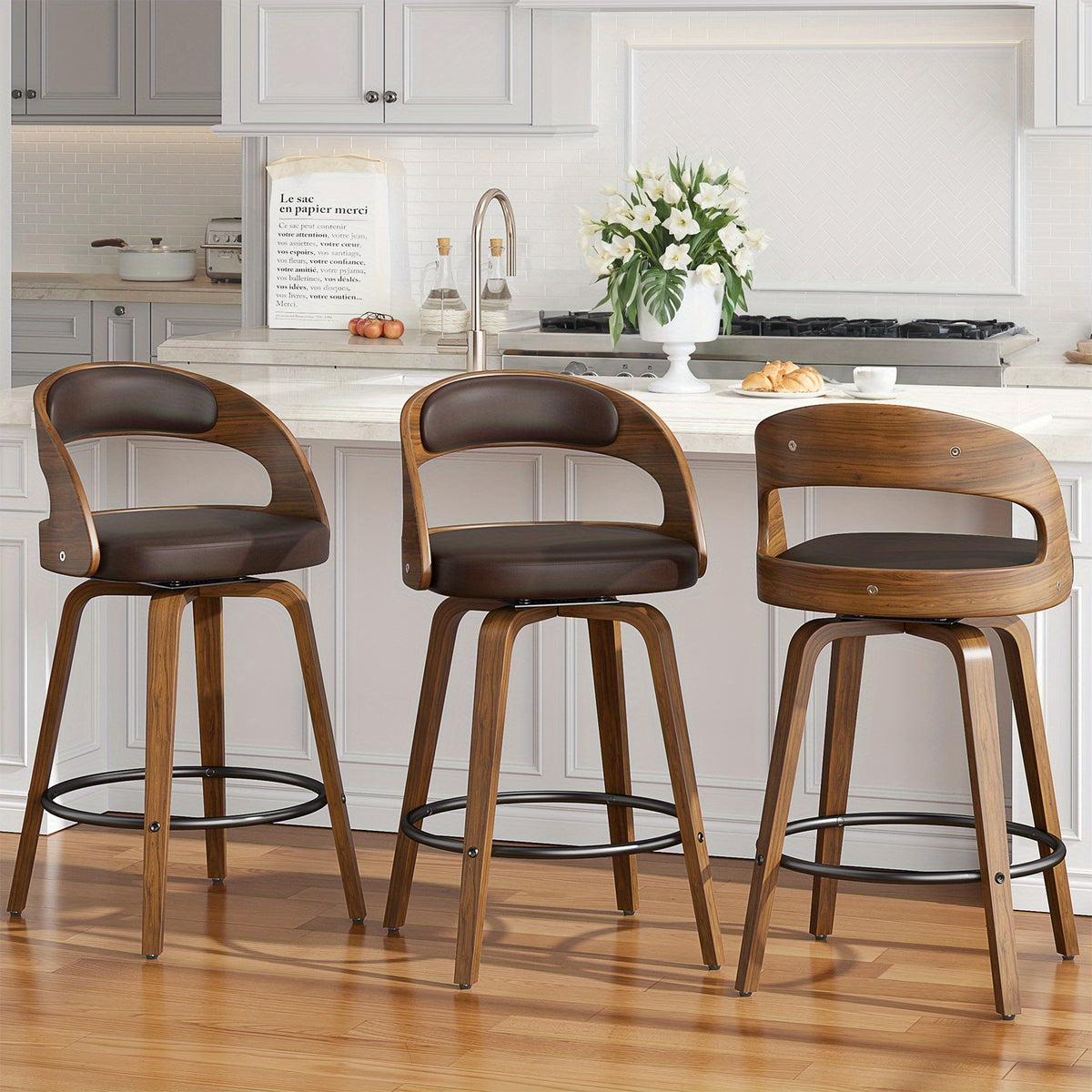 3/4pcs Modern Upholstered Bar Chair Set, 26" Counter-Height Stools With Thick Soft Cushion, Ergonomic Back Support, Solid Wood Legs & Footrest For Kitchen Island