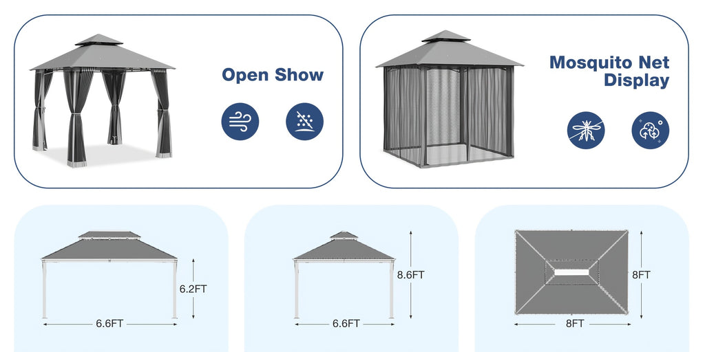 8'x8'Heavy-Duty Aluminium Alloy Outdoor Gazebo With Double Roof Canopy - All-Weather Pergola Mosquito Netting, Suitable For Terraces, Backyards, Or Gardens (grey)