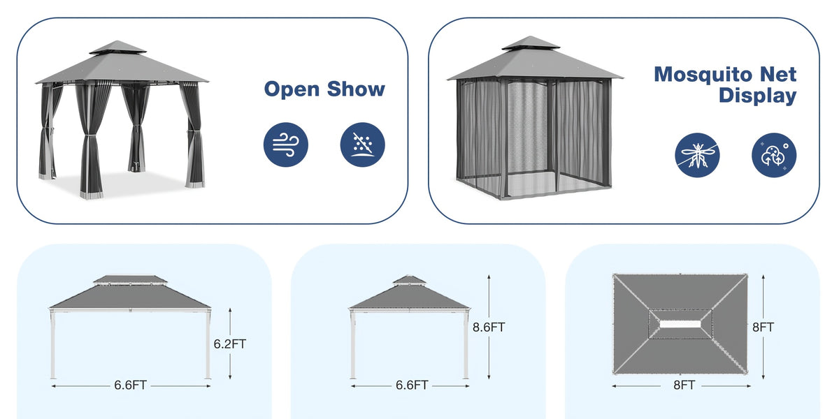8'x8'Heavy-Duty Aluminium Alloy Outdoor Gazebo With Double Roof Canopy - All-Weather Pergola Mosquito Netting, Suitable For Terraces, Backyards, Or Gardens (grey)