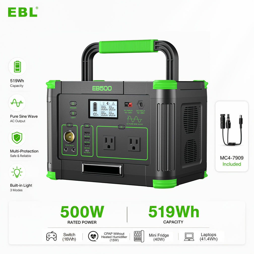 EBL 500W Power Station Portable (Peak 1000W), 519Wh Portable Power Station with PD 60W USB-C Fast Charging & Pure Sine Wave AC, Reliable Power Supply for Outdoor Camping, Home Emergency