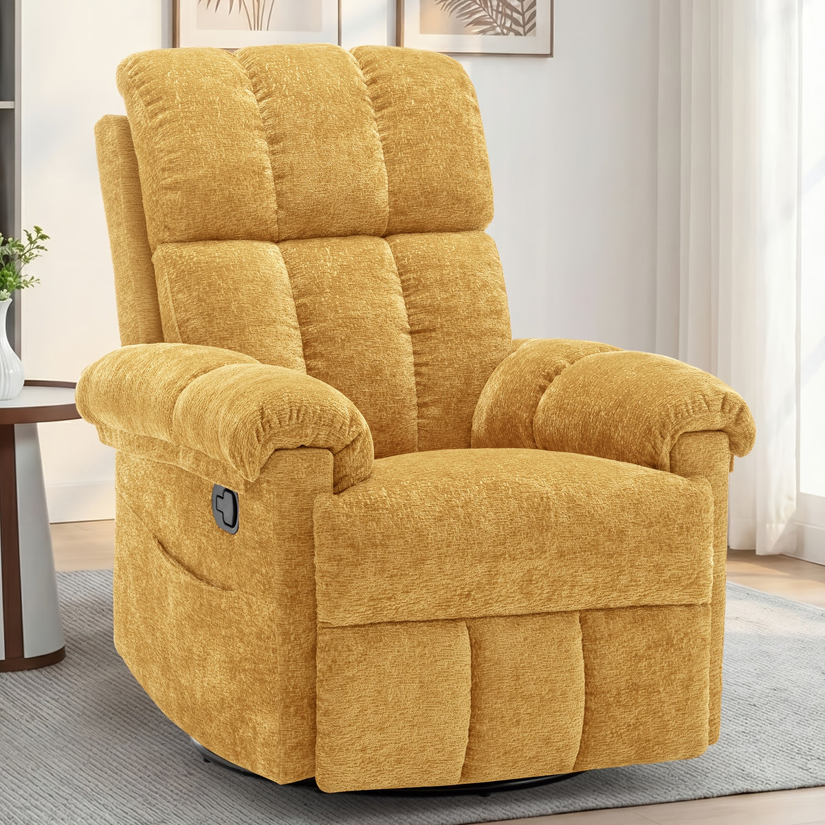 Living Room Single Chair, 360° Swivel Rocking Chair, Manual Rocking Chair for Small Spaces, Rocking Chair with Side Pockets And Armrest Storage, Deep Seat Cushion And Plush Backrest, Chenille Fabric, a Recliner Suitable for The Living Room
