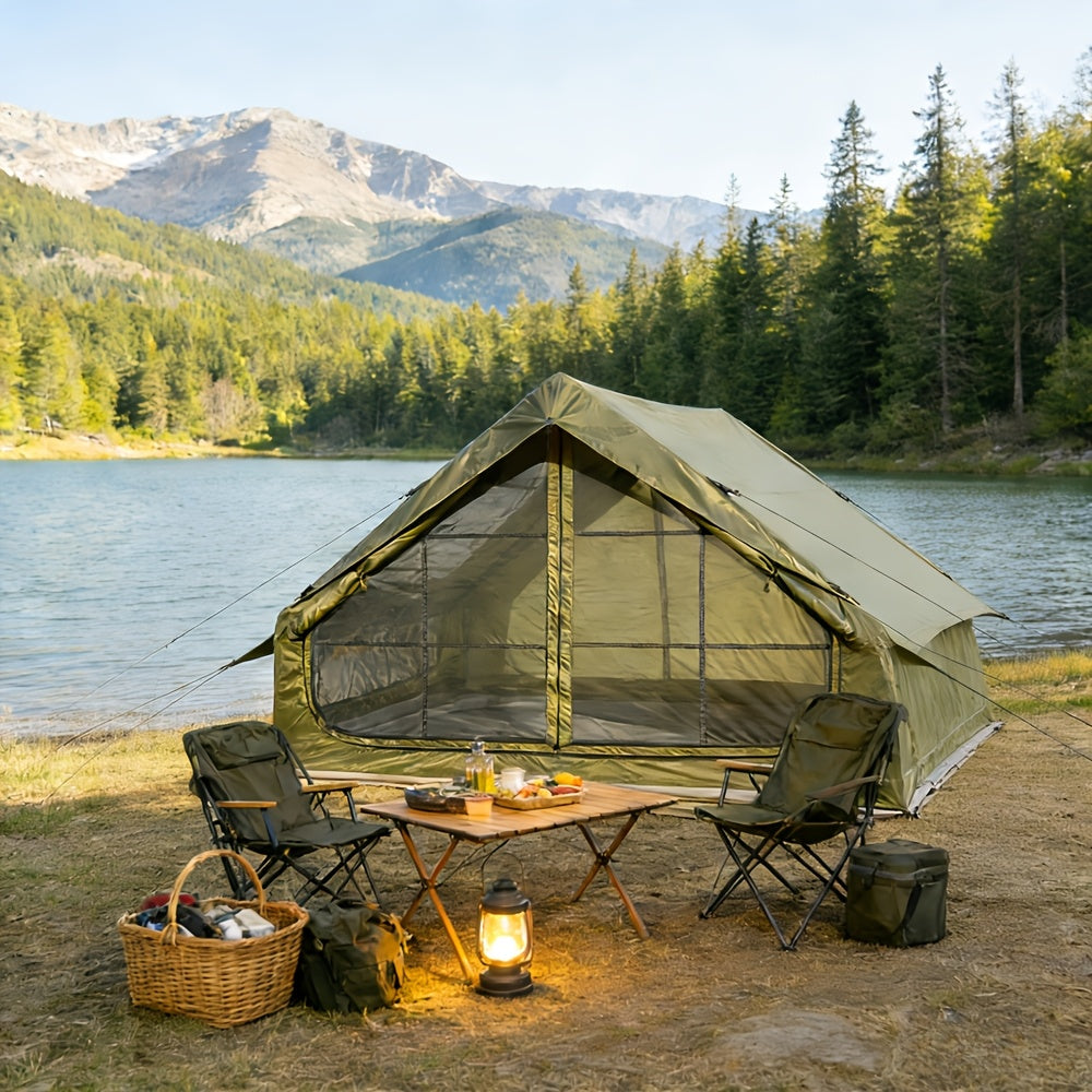 Inflatable Camping Tent（Optional: Skylight, Stove Jack） for 4-6 Person,4 Season Camping Tent, Large Luxury Air Tent with Manual Pump, Easy Setup Portable Glamping House, High Quality Windproof Family Outdoor Shelter Best Valentine's Day Gifts
