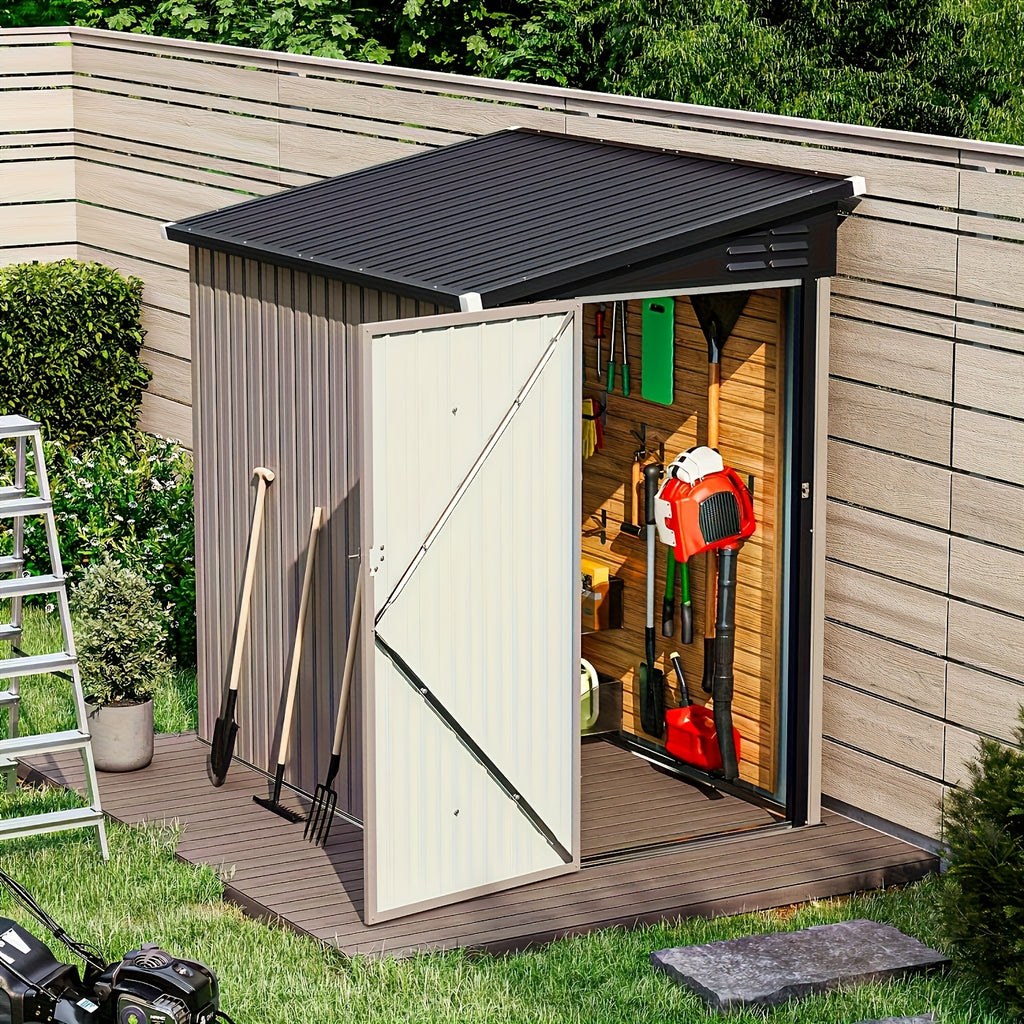 6' X 4' Metal Lean-to Storage Shed, Outdoor Side Storage Cabinet for Patio, Garden, And Lawn (Brown)