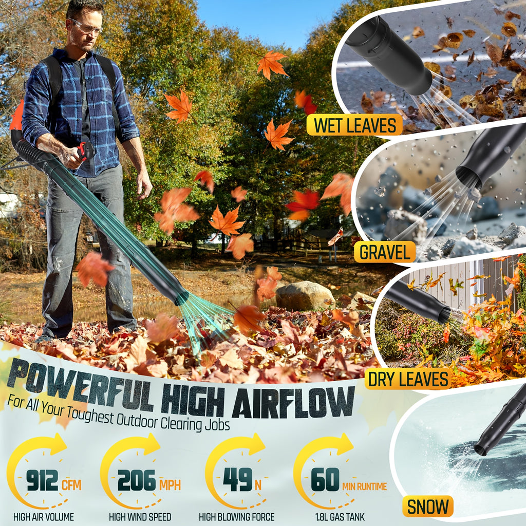 75.6Cc Gas Backpack Leaf Blower 912 CFM 206 MPH 49N, 6.0 HP 2-Cycle Backpack Blowers Gas Powered with Low Vibration, Ergonomic Design, Cruise Control, Commercial-Grade Gas Leaf Blower for Garden Lawn Yard Cleaning, Snow Removal, Gifts for Dad
