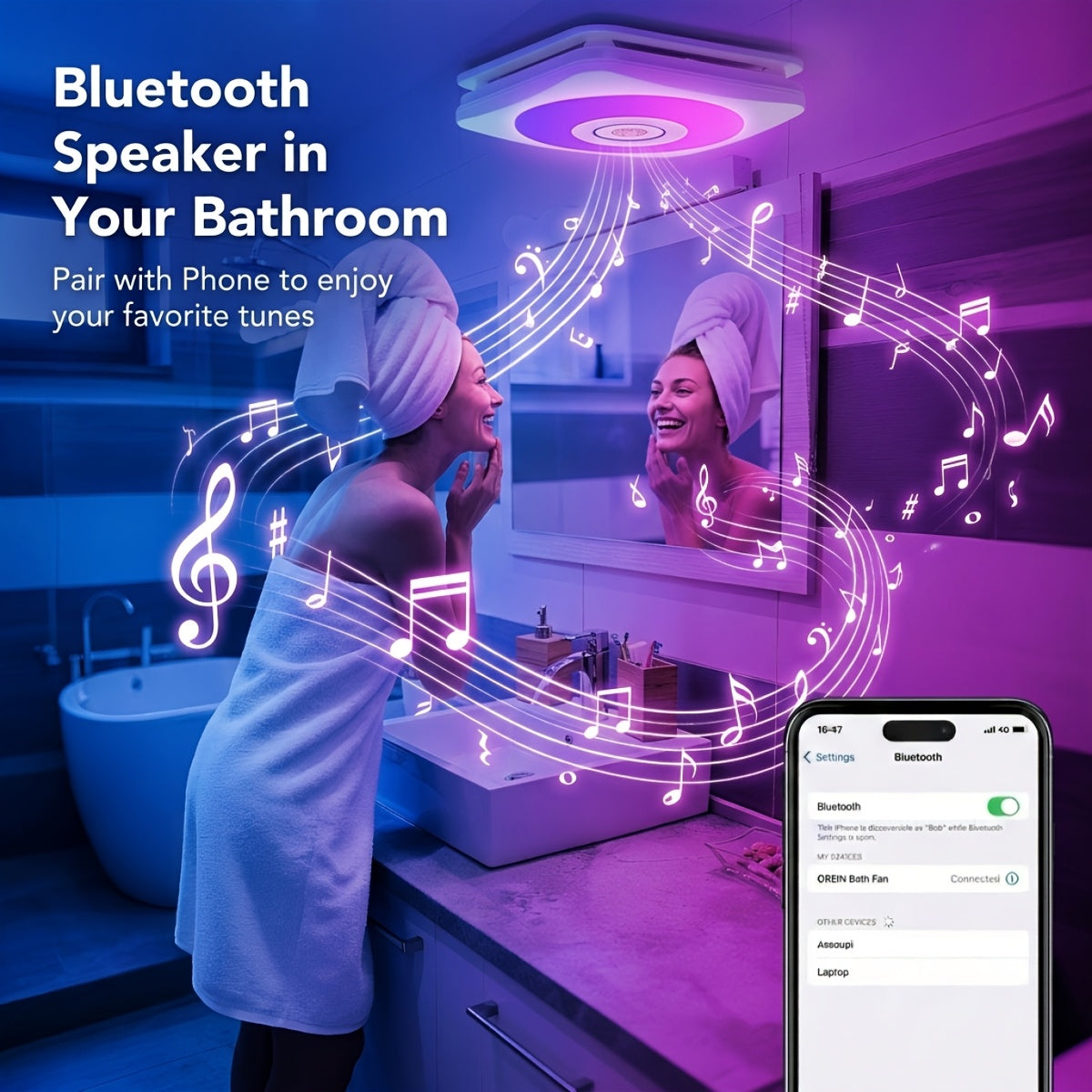 [3-in-1 Bluetooth Fan] SYVIO Bathroom Exhaust Fan with Bluetooth Speaker, 3-in-1, (100/150 CFM | 1.0 Sone Ultra-quiet)Dual Wind Speed, 30W High-efficiency Ventilation, Integrated 1300lm RGB Three-color Temperature LED Night Lighting (2700K/4000K/6500K) Mu