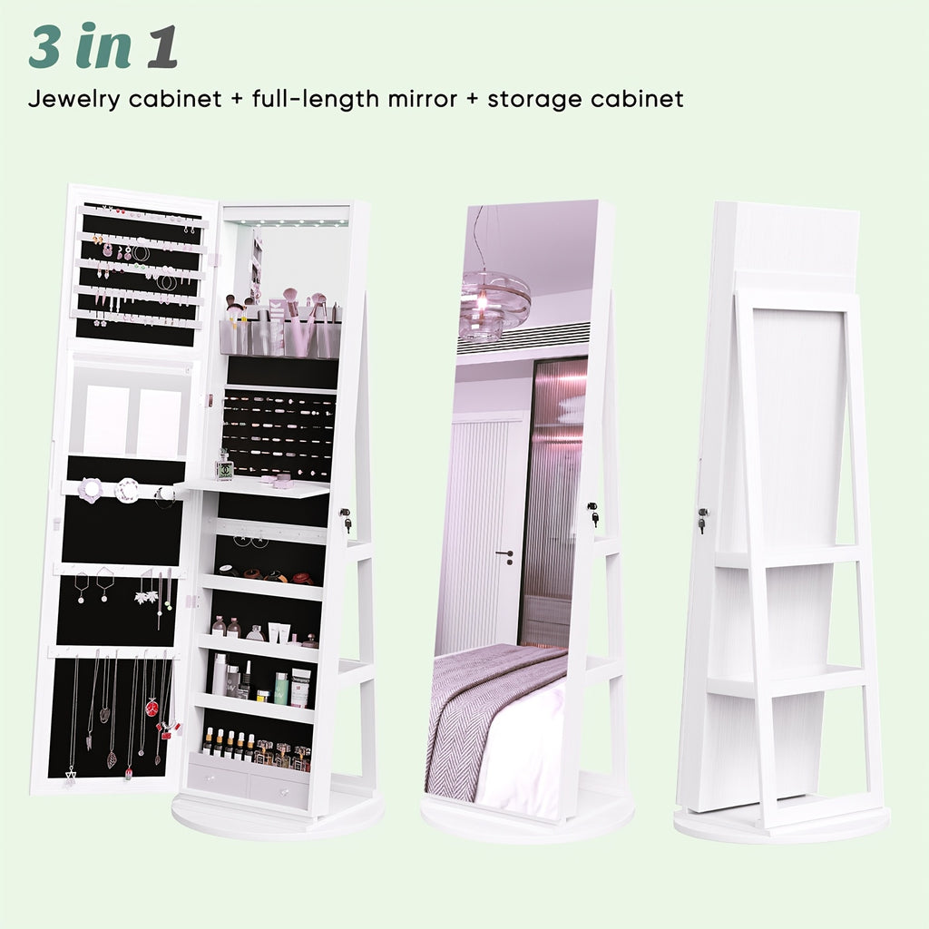 Freestanding Rotating Jewelry Cabinet with Full-Length Mirror & Lockable Storage Armoire - Foldable Makeup Shelf & Lights Suitable for Bedroom, Wood, Mirror Dresser Organizer for Room, Space-Saving