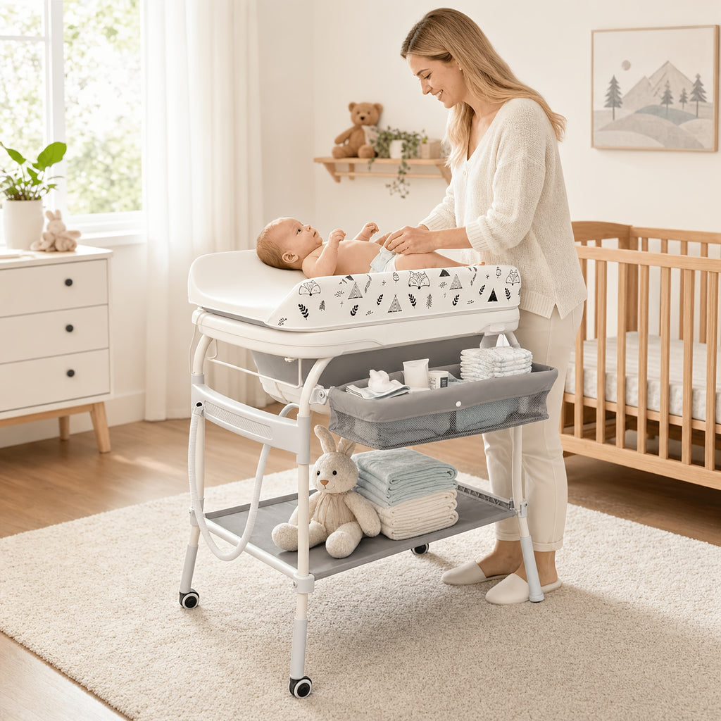 Adjustable 2-In-1 Bathtub with Changing Table, Waterproof Diaper Changing Station Portable Changing Table Adjustable Height Organizer with Storage Racks for Home Furniture