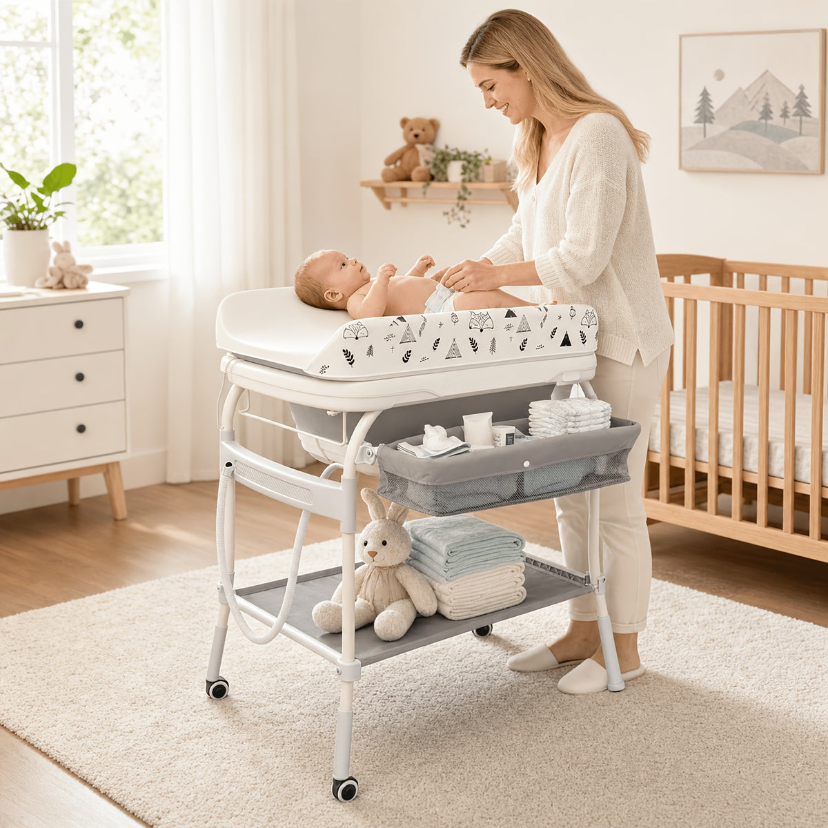 Adjustable 2-In-1 Bathtub with Changing Table, Waterproof Diaper Changing Station Portable Changing Table Adjustable Height Organizer with Storage Racks for Home Furniture