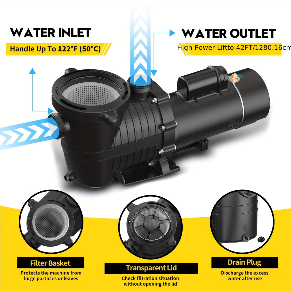 [Pool Pump 4500GPH] 1.5HP Dual Voltage/Dual Speed Pool Pump Inground, 4500GPH Flow, 42ft Head Lift, Self-Priming Water Pump for Inground/Above Ground/Seawater Pools And Hot Tubs, 115V Or 115V/230V 60Hz AC