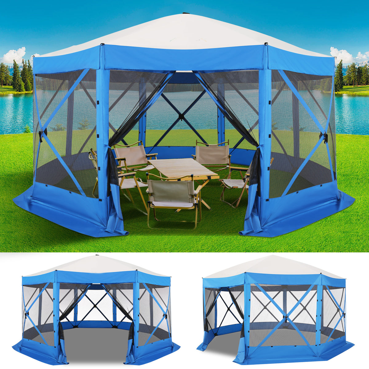 12X12Ft Pop-Up Canopy, Without Cloths, with Octagonal Mesh, One Person Can Quickly Build with a Handbag And Ground Pile, Suitable for Camping, Outdoor Activities