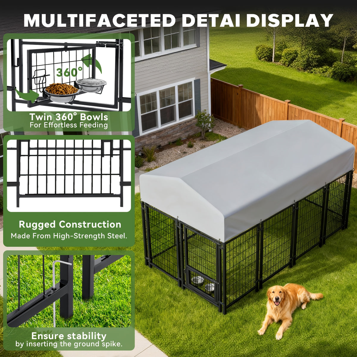 [Heavy Duty Dog Kennel] Oranland 7.8*4.3*5 Heavy Duty Dog Kennel Outdoor For Large Dogs -2025 New Design Space Efficient Welded Steel Playpen With Upgraded Secure Lock & UV-Resistant Roof & 2 Rotating Bowls Small/Medium/Large Dogs)