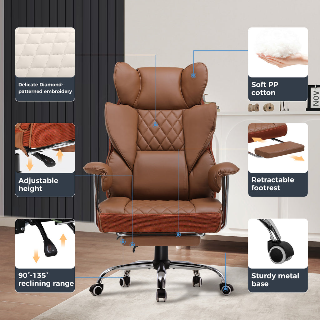 Executive Office Chair for Heavy People, Gaming Chair, Ergonomic Wide Desk Computer Chair with Pocket Spring Lumbar Support, Footrest, Outward Fixed Soft Armrests, High Back PU Leather, Height Adjustable, Big and Tall
