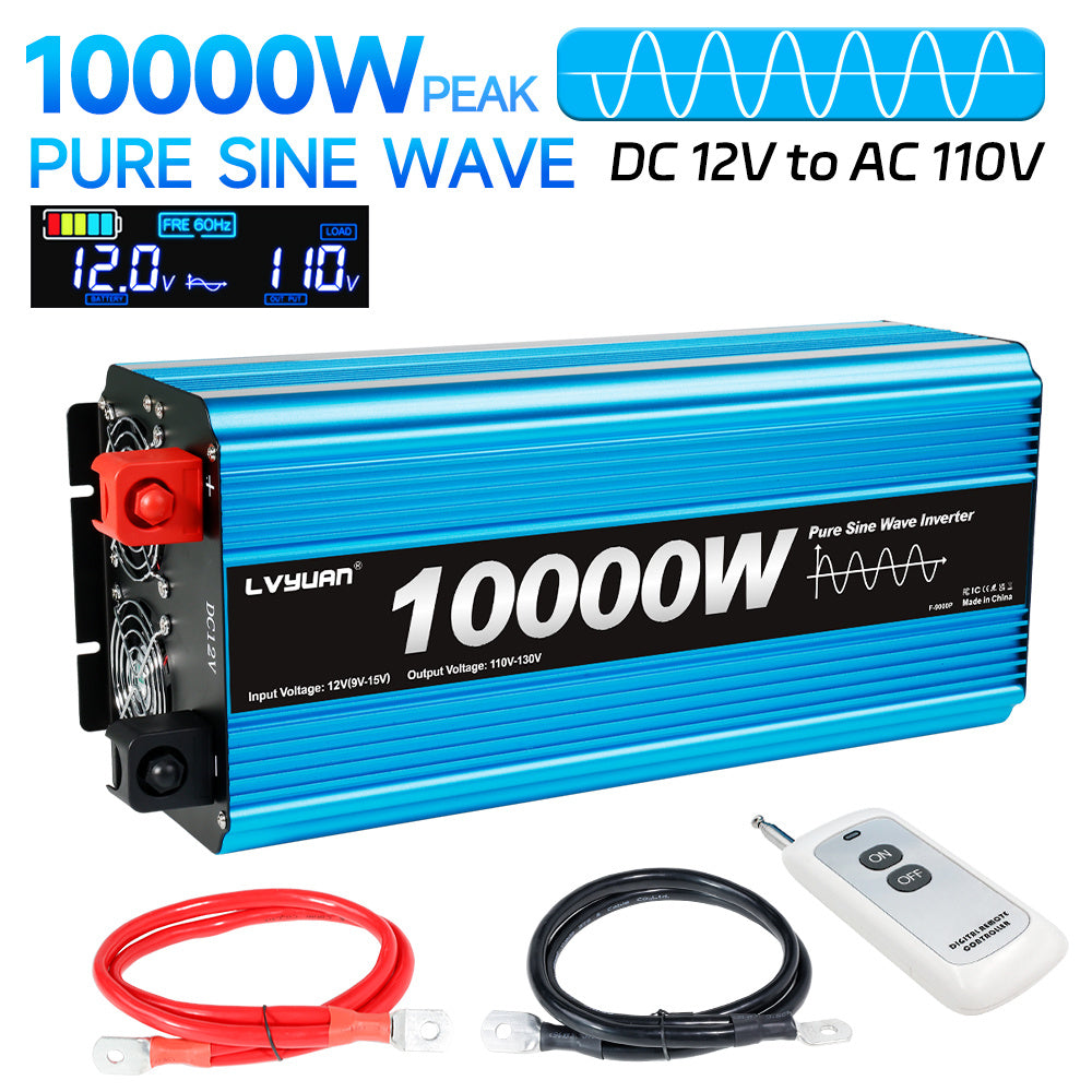 Pure Sine Wave Inverter 10000W (Peak)Car Power Inverter Efficient 12V DC To 110V 120V AC With LCD Display And Remote & Troubleshooting, 4 US Sockets For Vehicles Car Chargers For Home Solar System RV Vans, Without Battery