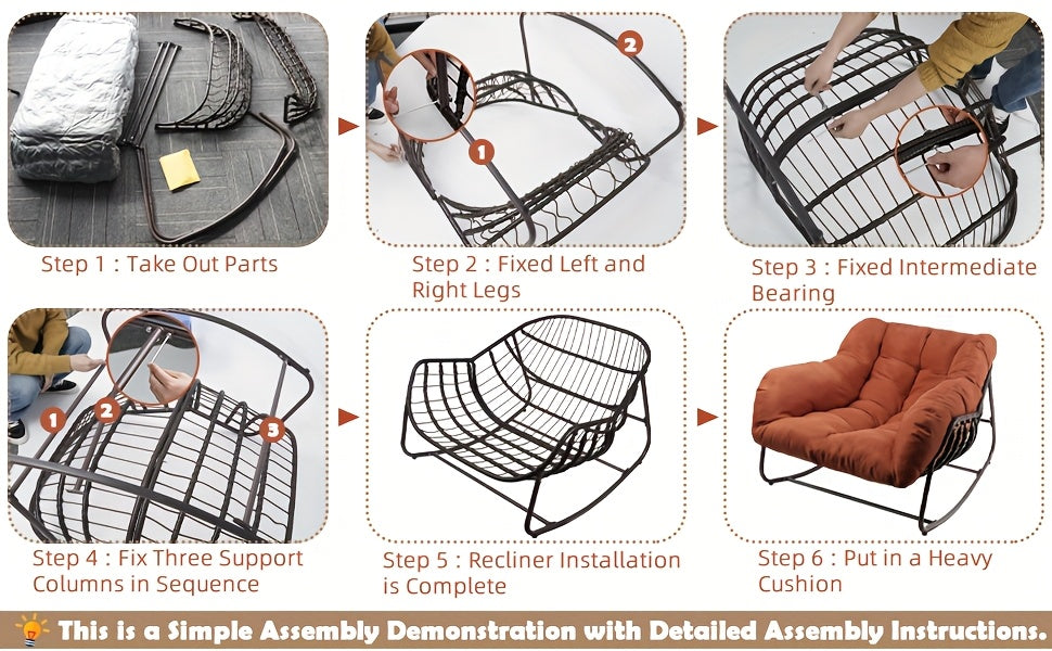 Papasan Rocking Chair Outdoor, All Weather Wicker Papasan Patio Chair with Cushion And Pillow, Heavy Duty Metal Oversized Papasan Rocker Egg Chair for Garden, Patio