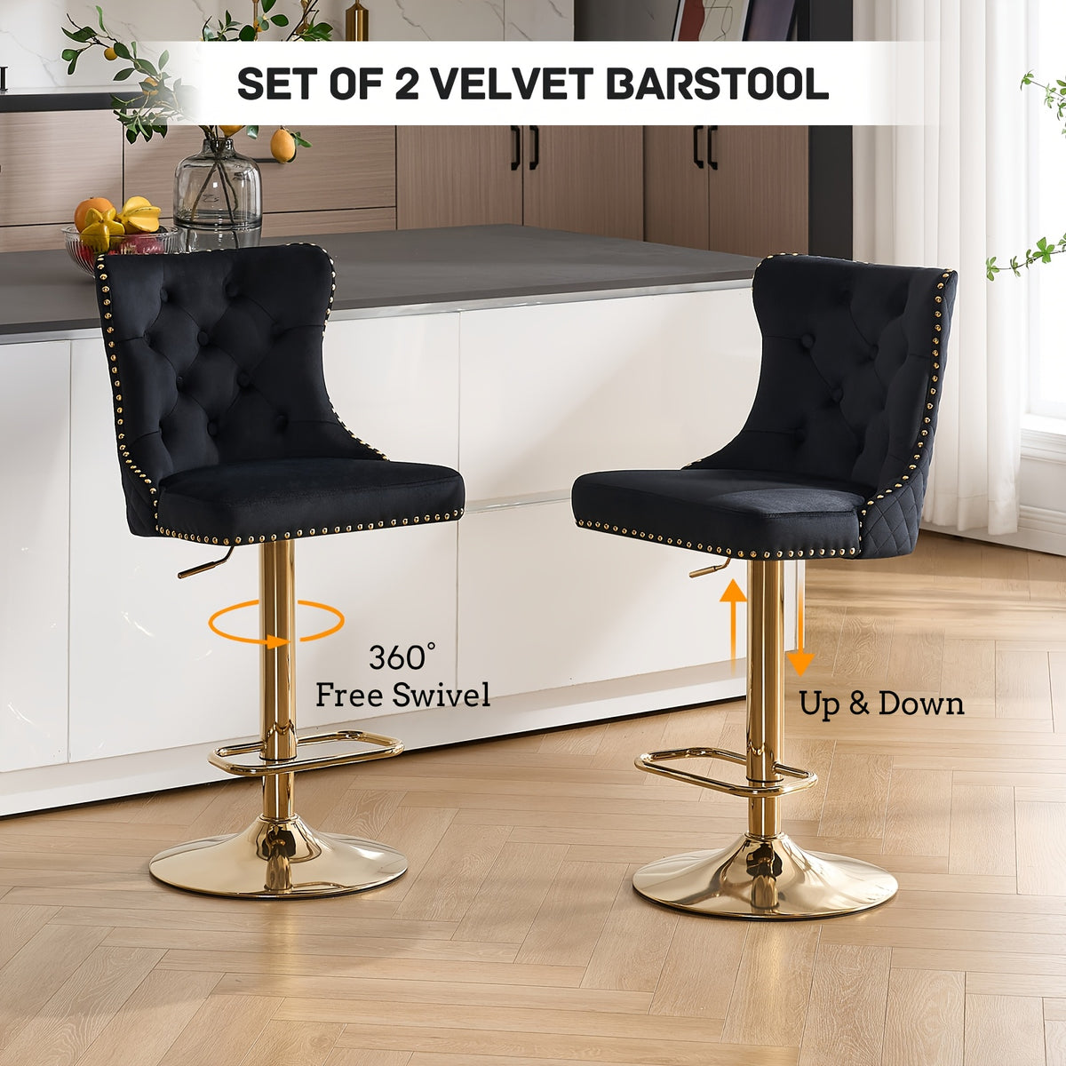 DMKAI Golden Lion Head Velvet Bar Stools Set Of 2, Luxury Diamond Tufted High Back, Adjustable Height 360° Swivel with Golden Base for Kitchen Island Home Bar