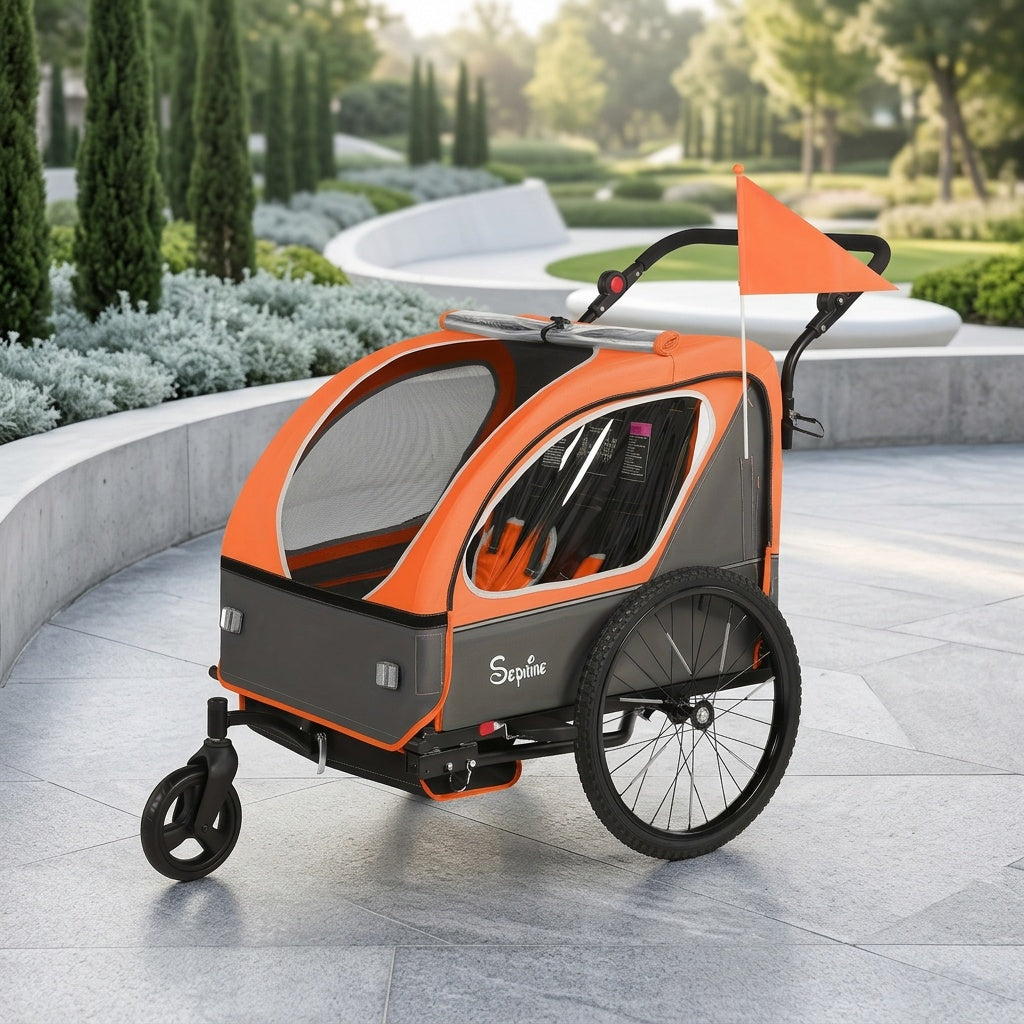 MOJAY Bike Trailer for Kids, 2 In1 Canopy Carrier Converts to Stroller, Suitable for 1 to 2 Toddlers, Kids, Quick Attach to Bike, Foldable, with 5-Point Harness And Storage Bags