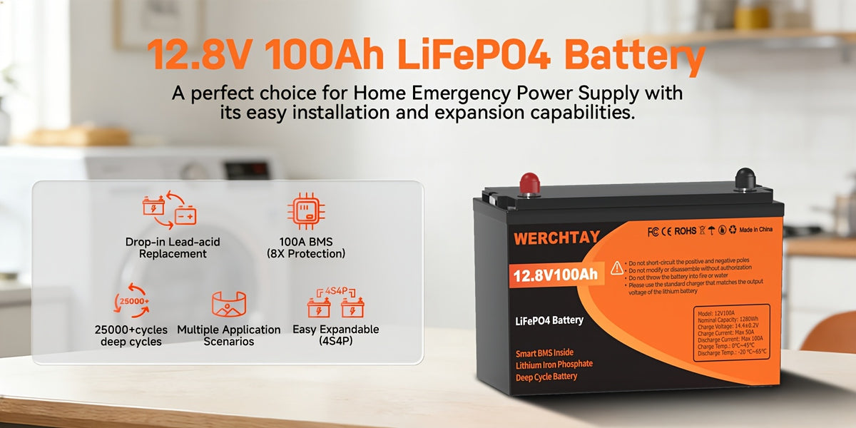 [Intelligent BMS Protection] WERCHTAY 12.8V LiFePO4 Battery 300/200/100Ah, Equipped with A+ Grade Battery Chips, 25000+ Deep Cycle Cycles, Intelligent BMS with Overcharge and Over-Discharge Protection, Suitable for Home Energy Storage, Outdoor RVs, and Of
