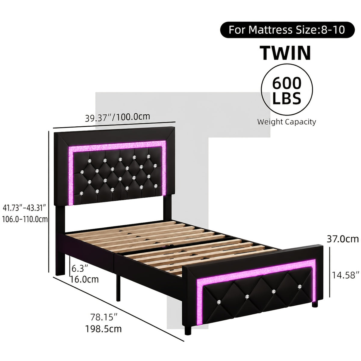 Twin Full Queen Bed Frame with LED Lights, Upholstered Platform Bed with Diamond Tufted Headboard, No Box Spring Needed, Noise Free, Easy Assembly, Black/Pink/White