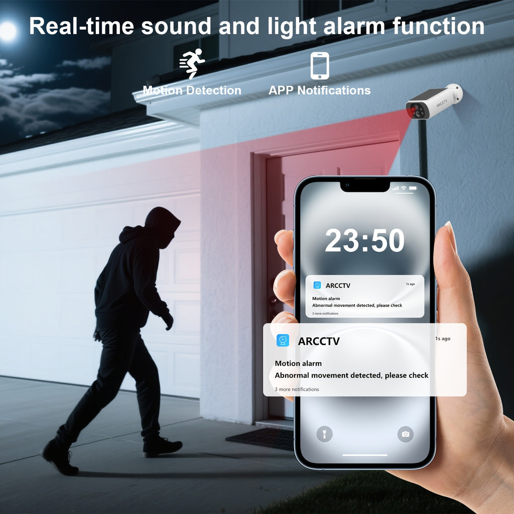 ARCCTV Cam 4-Cam Kit, Security Camera Outdoor Wireless, 2K Camera with Integrated Solar Panel, Forever Power, Smart Siren & Spotlights, 2-Way Audio, App-Controlled (Wi-Fi), 4MP Face Recognition AI, 5G & 2.4 GHz Wi-Fi, No Monthly Fee