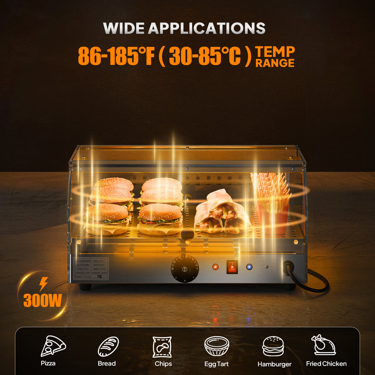 2-Tier Food Warmer Pizza Warmer Countertop, Food Warmer Display Pretzel Warmer with LED Lighting Front and Rear Doors, Electric Catering Hot Box Acrylic for Buffet Restaurant Cafe