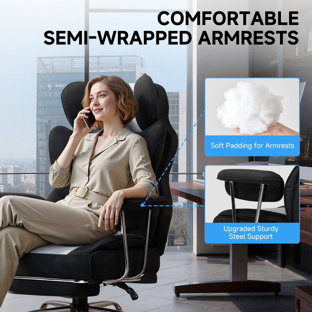 Executive Office Chair for Heavy People, Gaming Chair, Ergonomic Wide Desk Computer Chair with Pocket Spring Lumbar Support, Footrest, Outward Fixed Soft Armrests, High Back PU Leather, Height Adjustable, Big and Tall