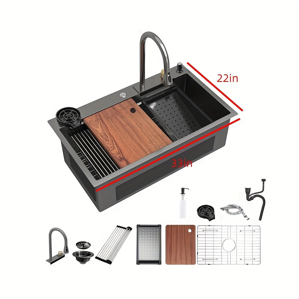 [Stainless Steel Kitchen Sink] 33 * 22 Inch Stainless Steel Kitchen Sink, Single Bowl Sink Drop In/Topmount Workstation Waterfall Sinks With Cutting Board, Cup Washer And Sink Accessories