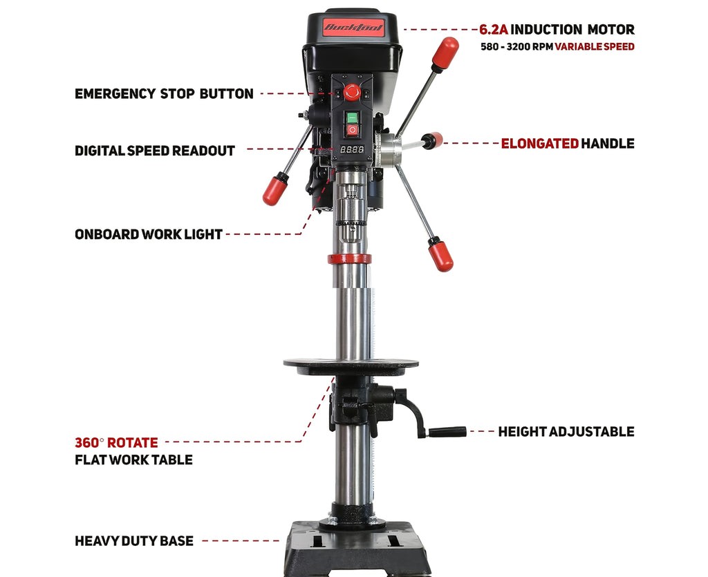 BUCKTOOL 12 INCH 6.2A Professional Bench Drill Press, 3/4HP Powerful Benchtop Drill Press, Variable Speed Drill Press With Work Light