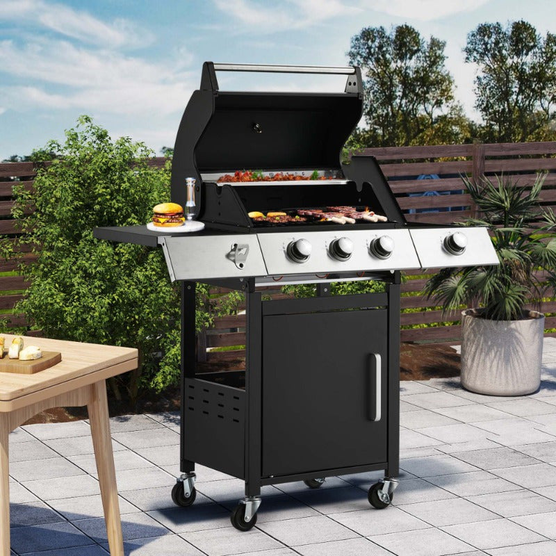 Grill with Side Burner & Cast Iron Grates, Lockable  Wheels, Barbecue Grill with 395 Square Inches Large Cooking Area, Camping Grill for Barbeque and Outdoor Cooking, Black