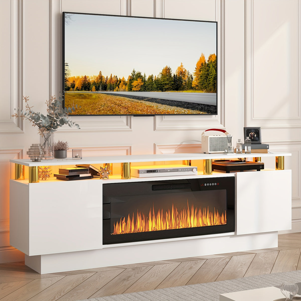 TV Stand with 36" Electric Fireplace, 70" LED Light Entertainment Center with Storage, 2 Tier Modern Wood Media TV Console with Highlight Cabinet for Living Room