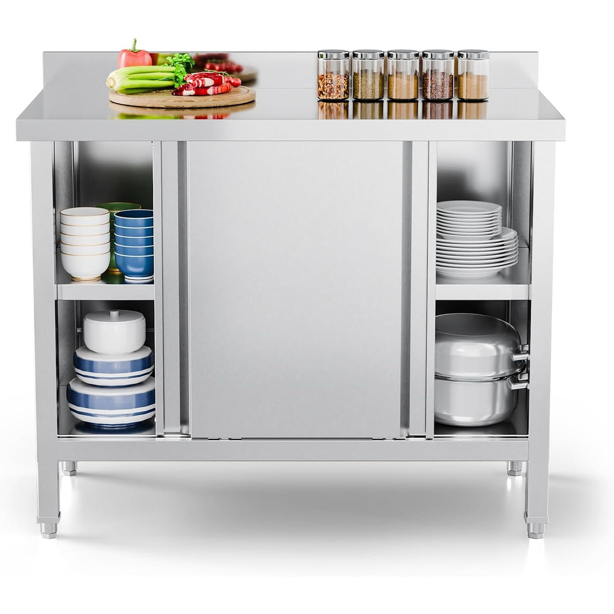 MEFEIR Commercial Stainless Steel Prep Table - 35"x28" Heavy Duty Kitchen Work Table w/ 2 Sliding Door Cabinet & Backsplash, Large Storage for Restaurant Food Prep