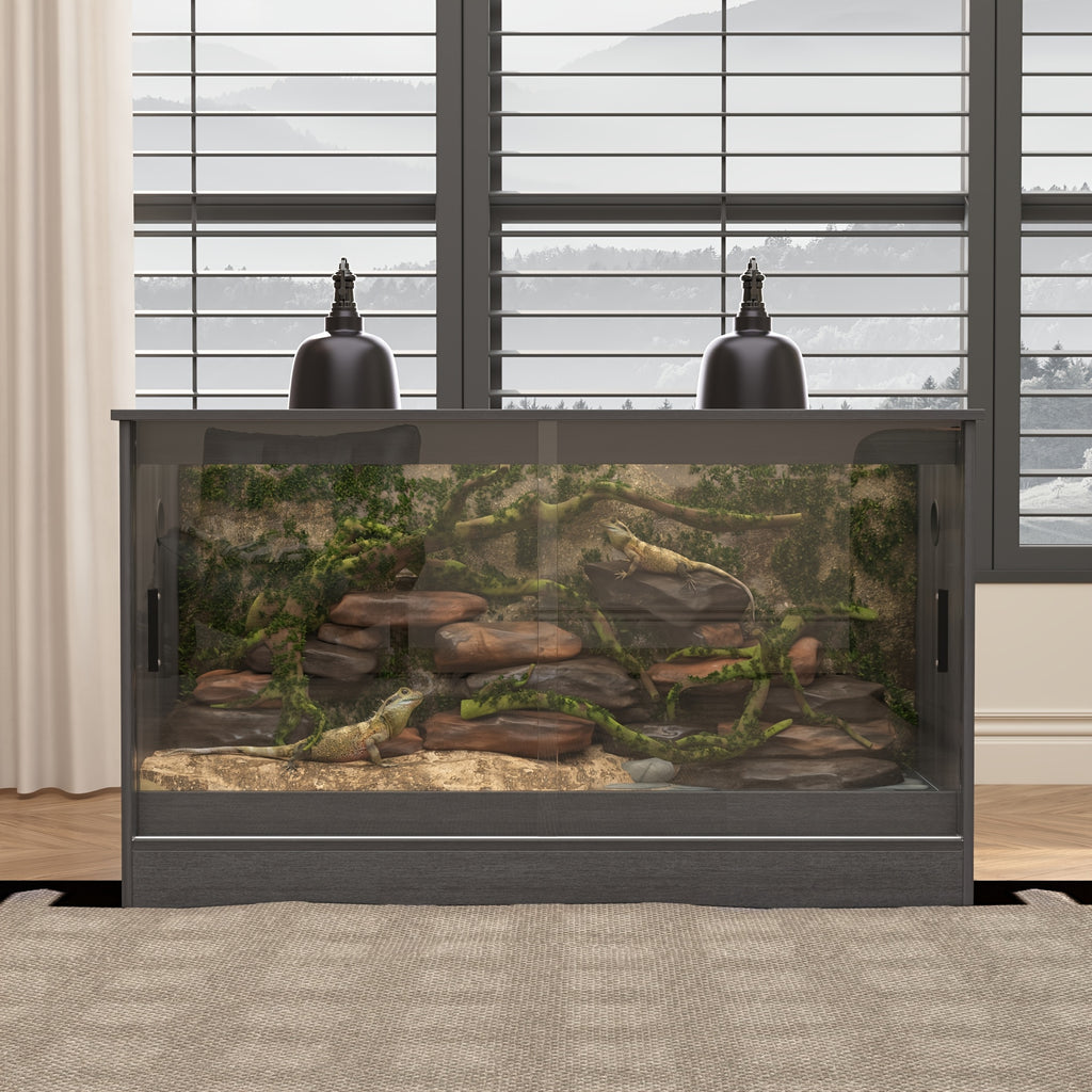 [Reptile Terrarium Cabinet] Large Reptile Enclosure with Sliding Glass Doors, Ventilated Terrarium Cabinet with Dual Air Vents, Easy Access Design, for Reptiles And Amphibians, Black Grey