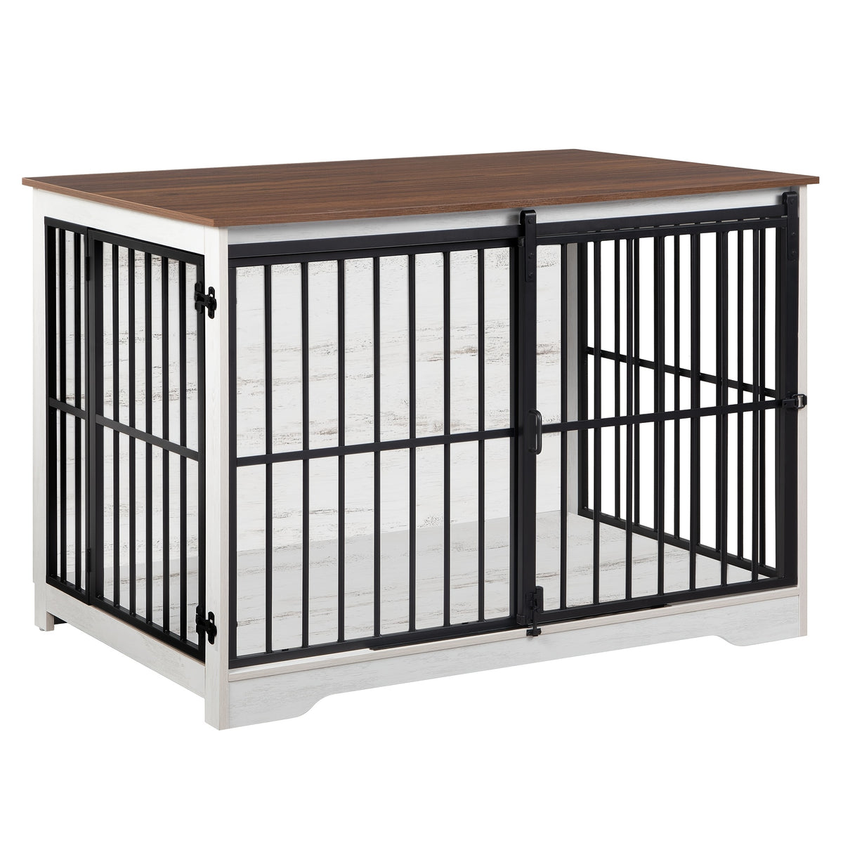XL Large Dog Crate Furniture, 44.1" Indoor Dog Kennel Furniture with Barn Door, Wooden Tall Dog Crate, Heavy Duty Dog Cage for Large Dogs, Side End Table, Anti-Chew, Rustic Brown, Black, Greige Black, White Brown