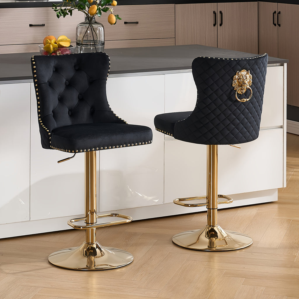 DMKAI Golden Lion Head Velvet Bar Stools Set Of 2, Luxury Diamond Tufted High Back, Adjustable Height 360° Swivel with Golden Base for Kitchen Island Home Bar
