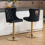 DMKAI Golden Lion Head Velvet Bar Stools Set Of 2, Luxury Diamond Tufted High Back, Adjustable Height 360° Swivel with Golden Base for Kitchen Island Home Bar