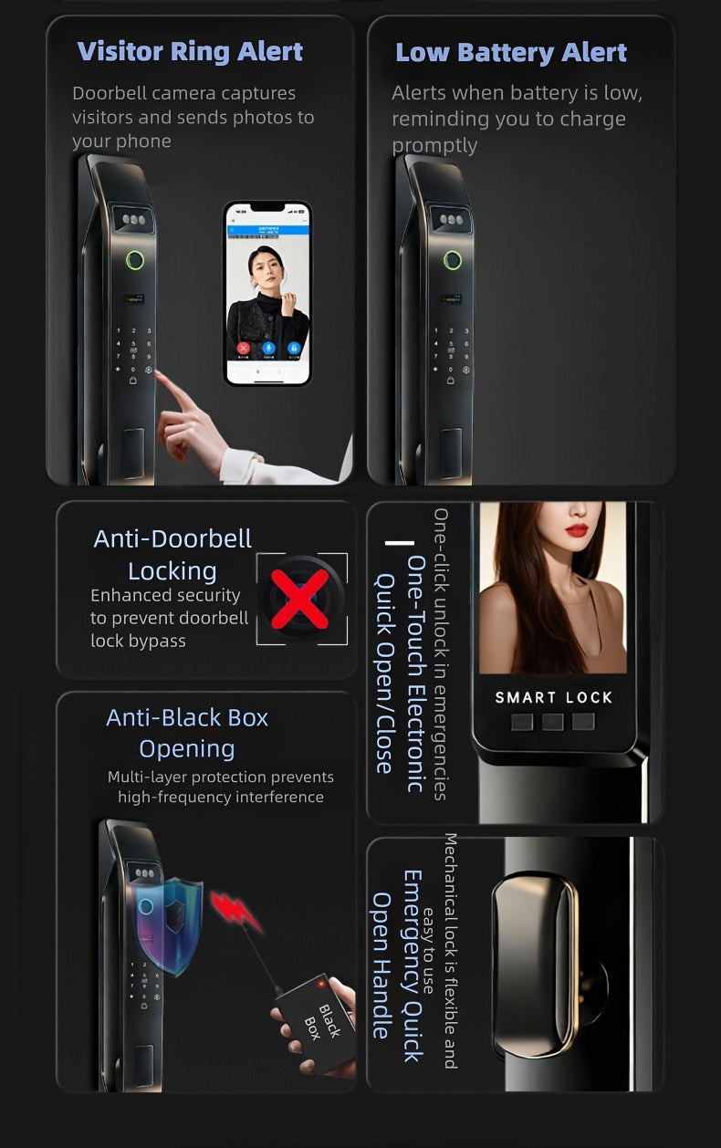 Modern AI Smart Lock with 3D Facial & Fingerprint/Palm Vein Biometric Entry, Keyless Door Lock Suitable for Home/Office, Remote Video Intercom System, Mobile App, Password/Key Entry, Smart Door Lock for Apartments