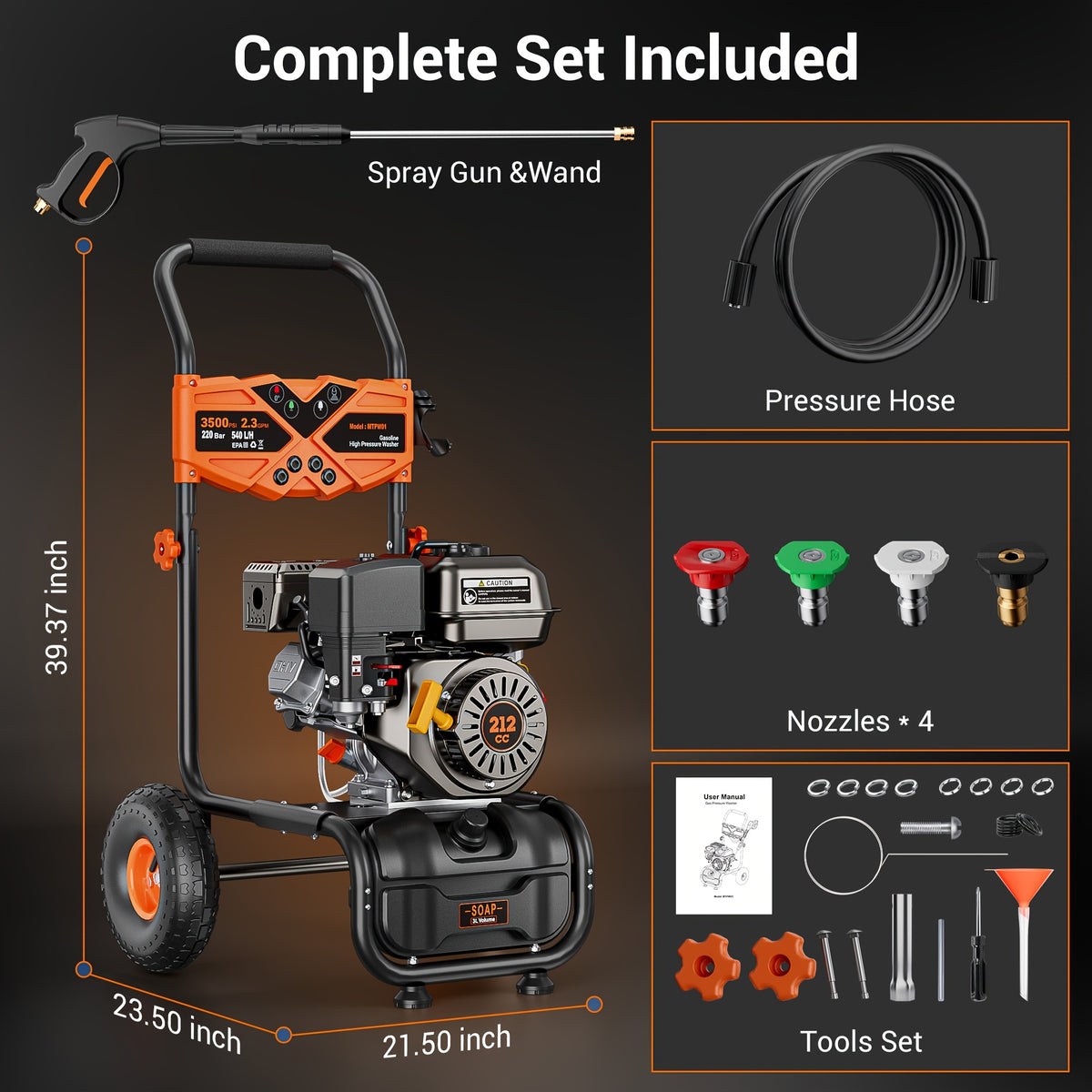 3500PSI Pressure Washer -2.3GPM 212CC Gasoline Washer with 25ft Hose And 4 Quick-Connect Multi-Angle Nozzle, Courtyard Car High-pressure Washer, Perfect for Cleaning Outdoor Surfaces, Roads, And Walls