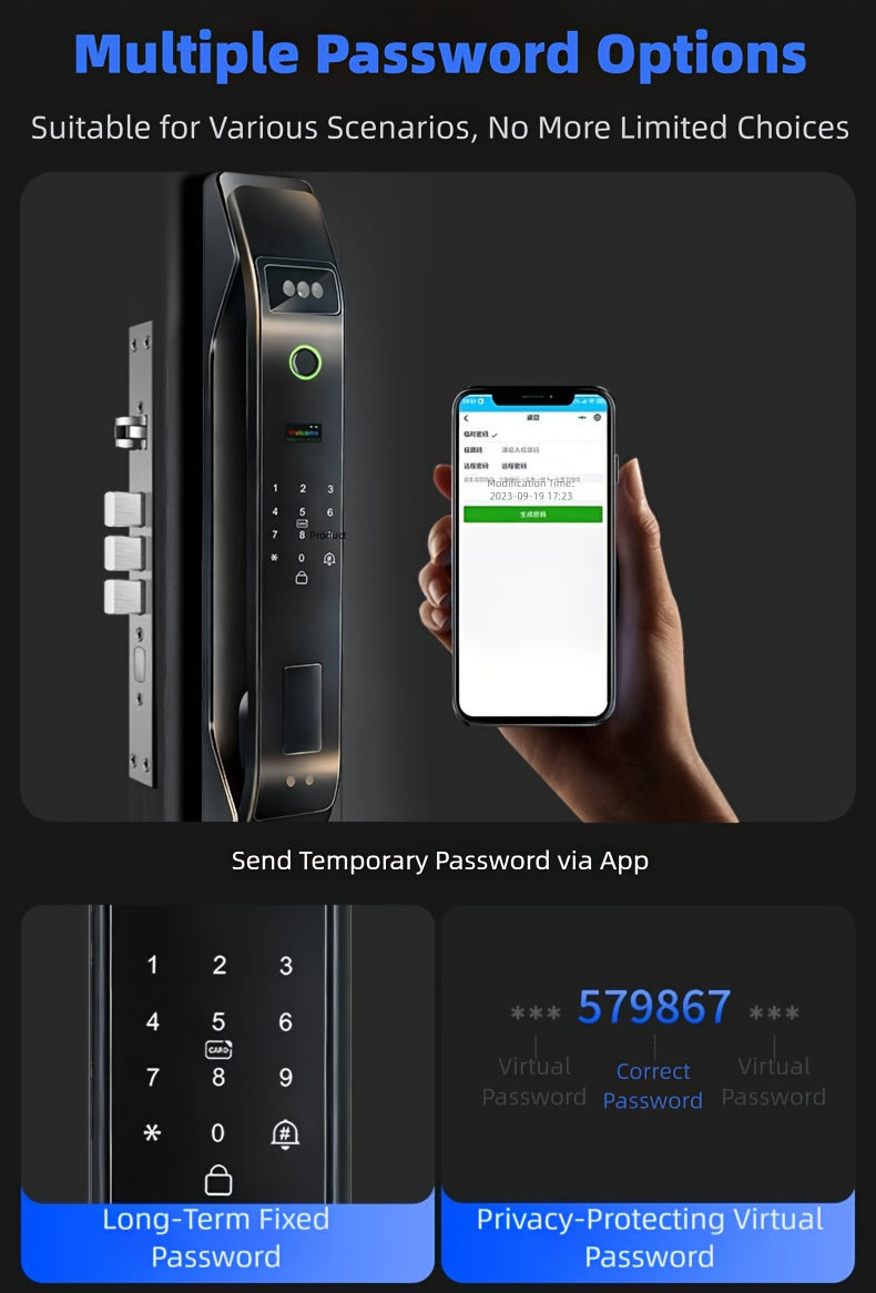 Modern AI Smart Lock with 3D Facial & Fingerprint/Palm Vein Biometric Entry, Keyless Door Lock Suitable for Home/Office, Remote Video Intercom System, Mobile App, Password/Key Entry, Smart Door Lock for Apartments