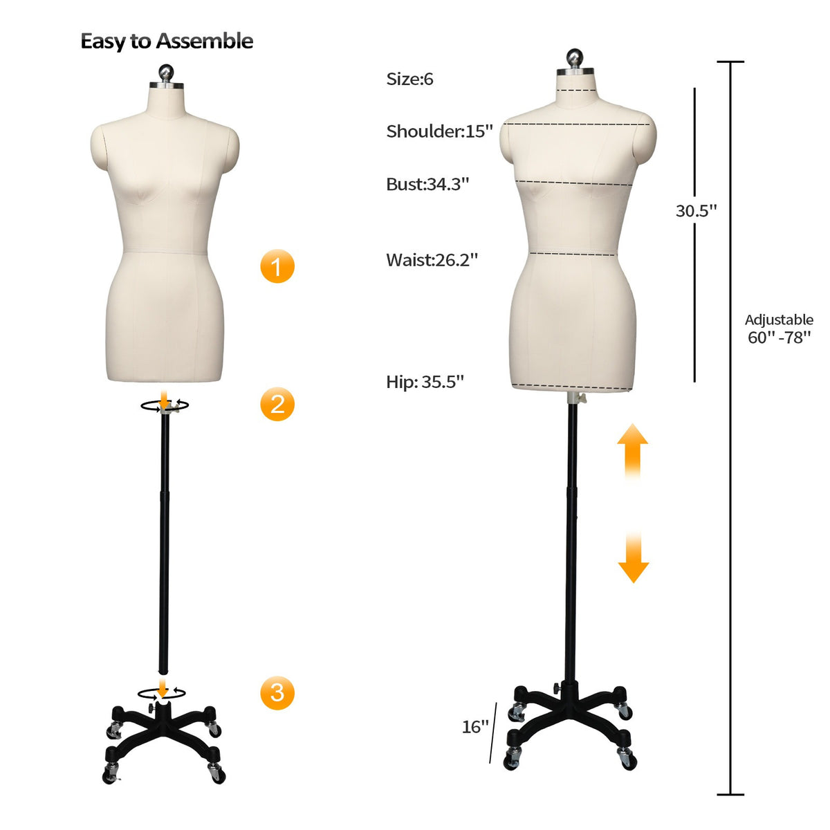 Bonnlo Female Sewing Mannequin, Size 6 Professional Dress Form for Display and Tailor Design, Height Adjustable Torso with Stable Metal Base