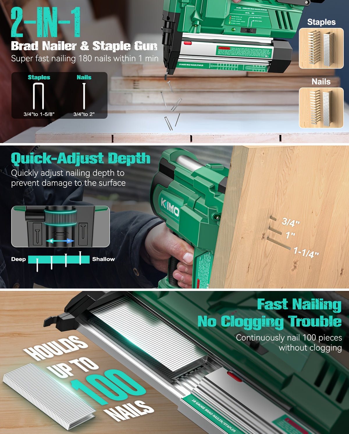 KIMO 20V Brushless Cordless Brad Nailer And Staple Gun, 2-in-1 Power Tool Kit with 2 Batteries, Fast Charger, 1000pcs 18G Nails & Staples for Woodworking, Carpentry, And DIY Projects