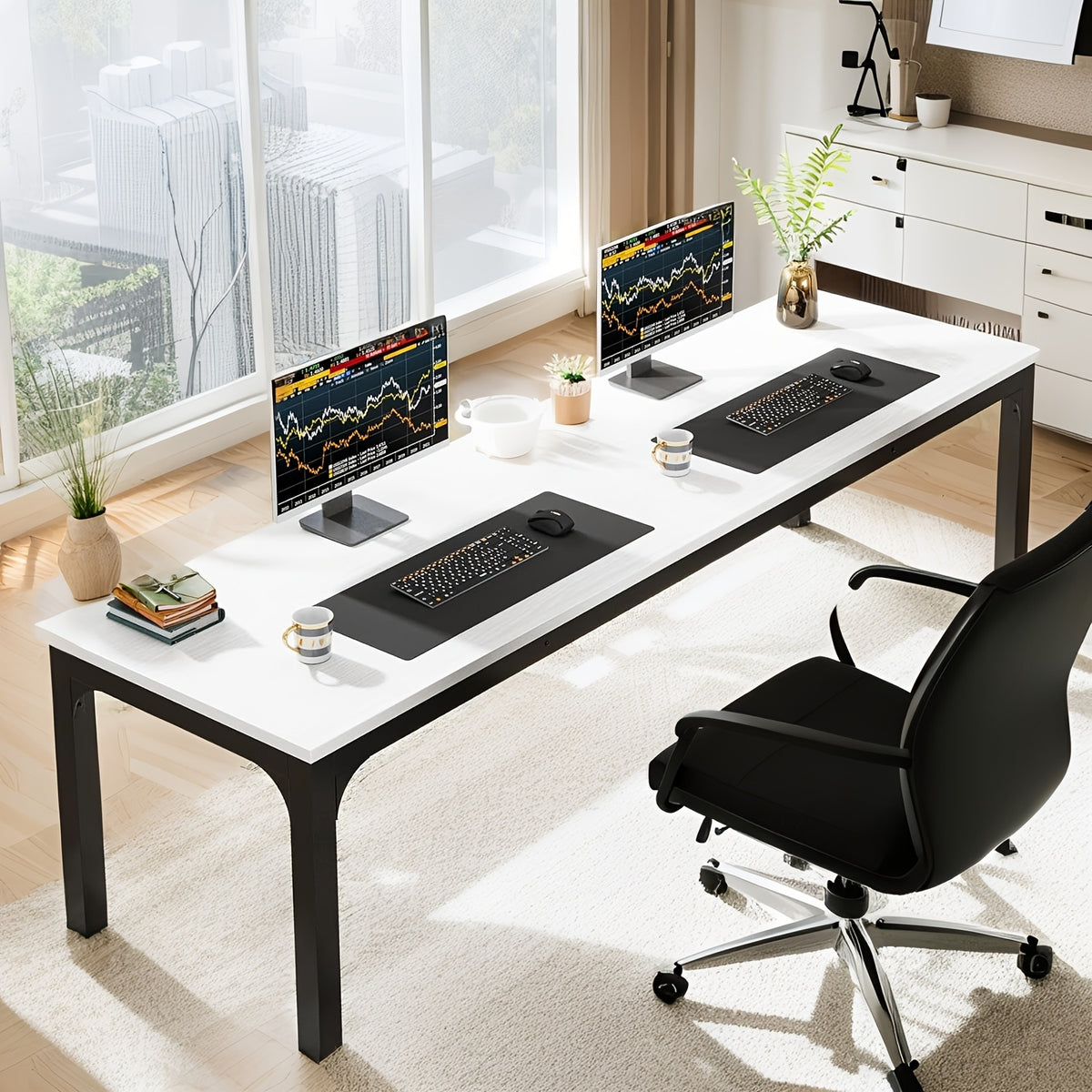 79-Inch Executive Office Desk, Rectangular Computer Workstation with a Metal Frame, Suitable for Two Users in a Home Office