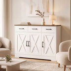 FULTRU Modern Farmhouse Cabinet with Barn Door & Sliding Panel Doors Suitable for Kitchen, Dining Room Storage, Freestanding Buffet Furniture with Drawers and Open Shelves, Assembly Required, Multifunctional Sideboard