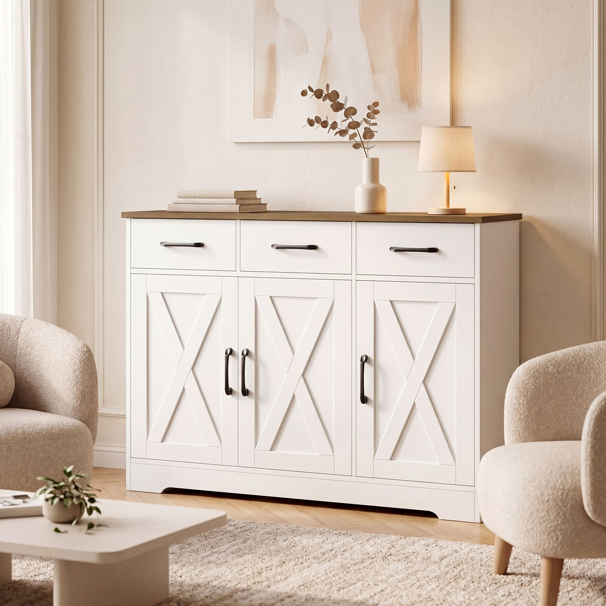 FULTRU Modern Farmhouse Cabinet with Barn Door & Sliding Panel Doors Suitable for Kitchen, Dining Room Storage, Freestanding Buffet Furniture with Drawers and Open Shelves, Assembly Required, Multifunctional Sideboard