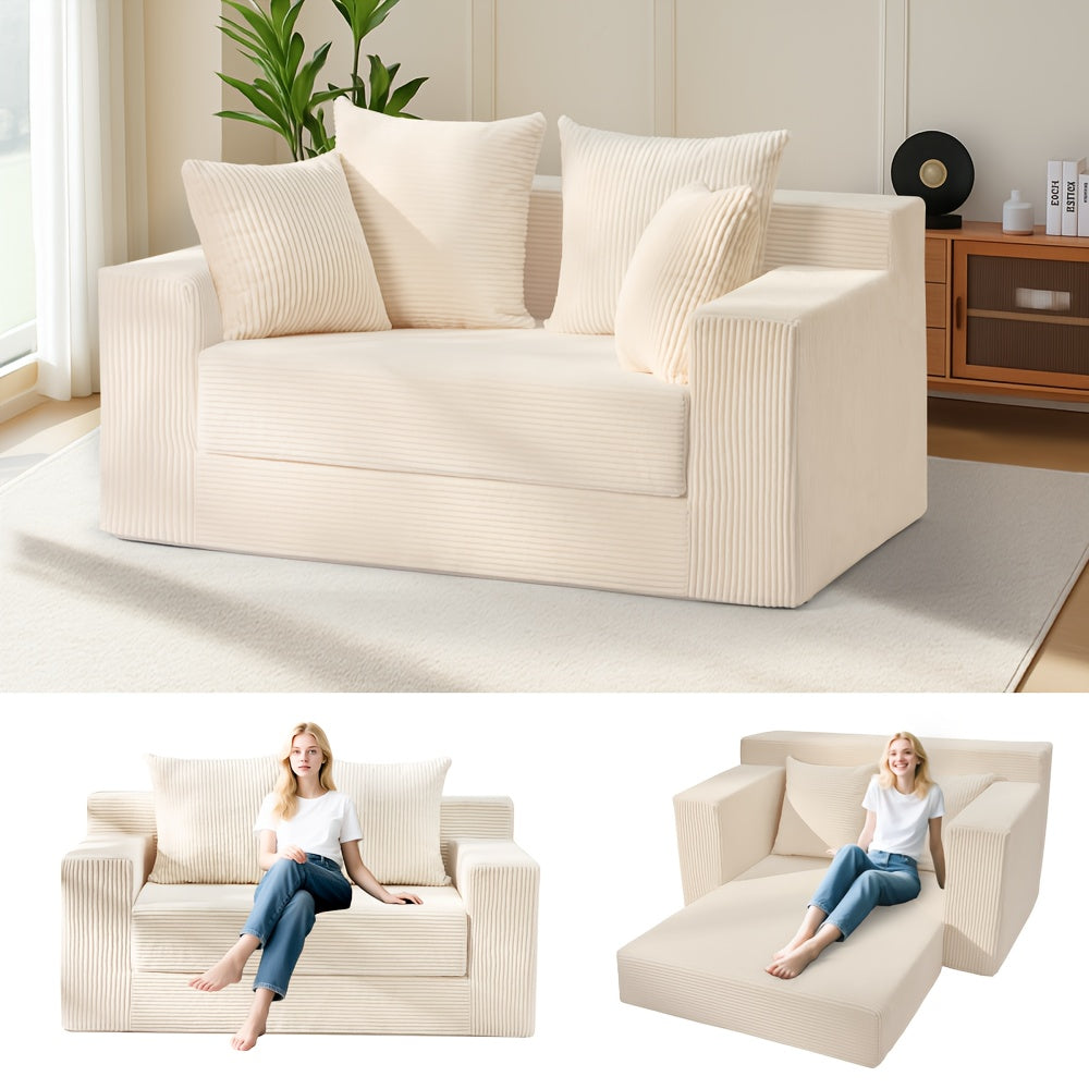 Convertible Sofa Bed, 3in 1 Loveseat Folding Couch Bed Foldable - Boneless Couch & Floor Futon Sleeper, Corduroy Pull Out Sofa Bed with 4 Pillows for Living Room