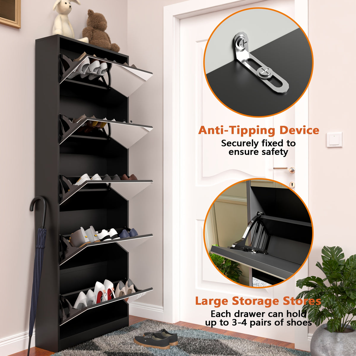 Organizedlife Shoe Cabinet with Full-Length Mirror, 5-Tier Narrow Entryway Shoe Storage Organizer, Flip-Drawer & Hidden Shoe Racks, Space-Saving Tall Unit for Small Hallways, Closets, Apartments